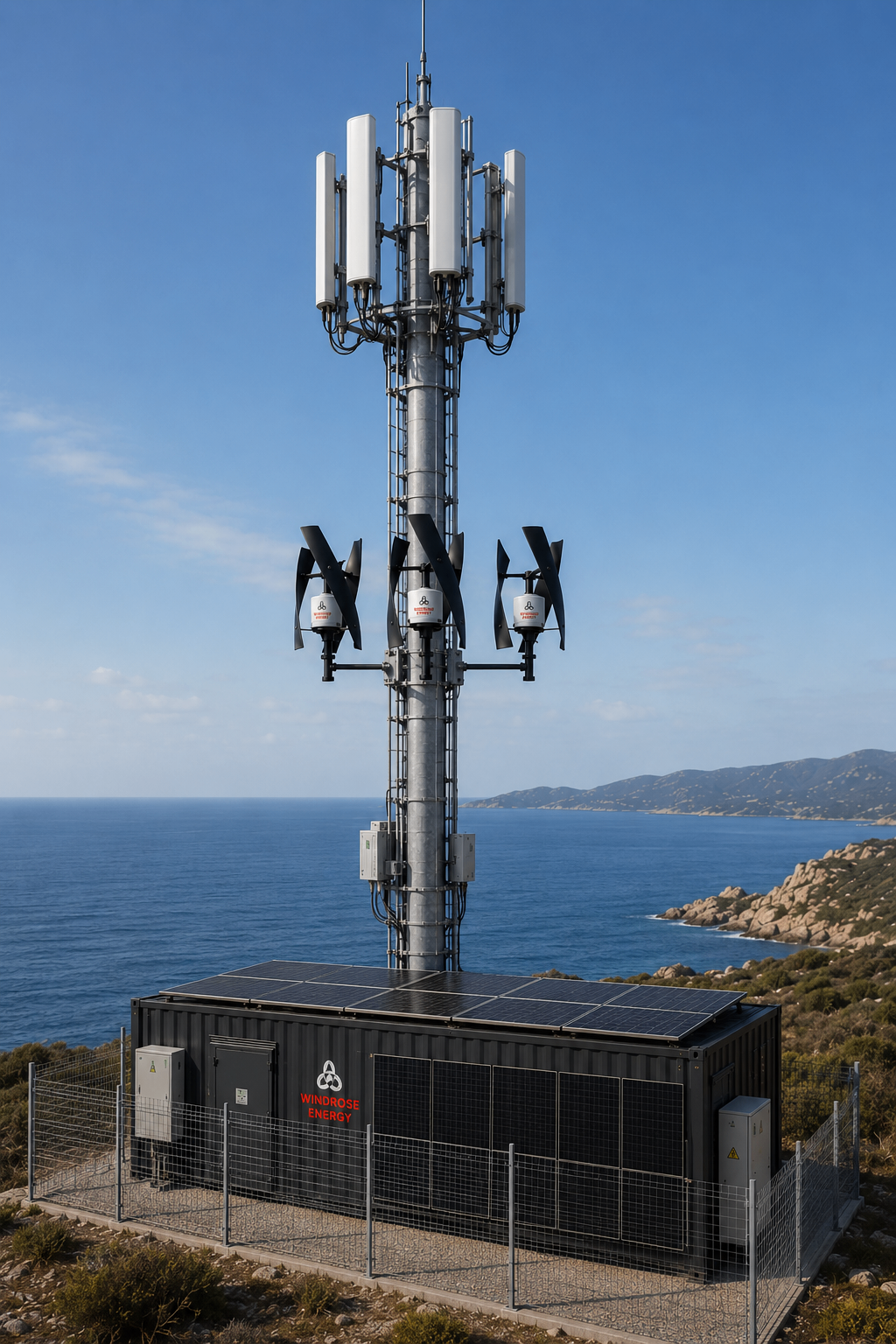 Konzeptvisualisierung eines Funkmasts mit drei Windrosen, Photovoltaik und Technikcontainer