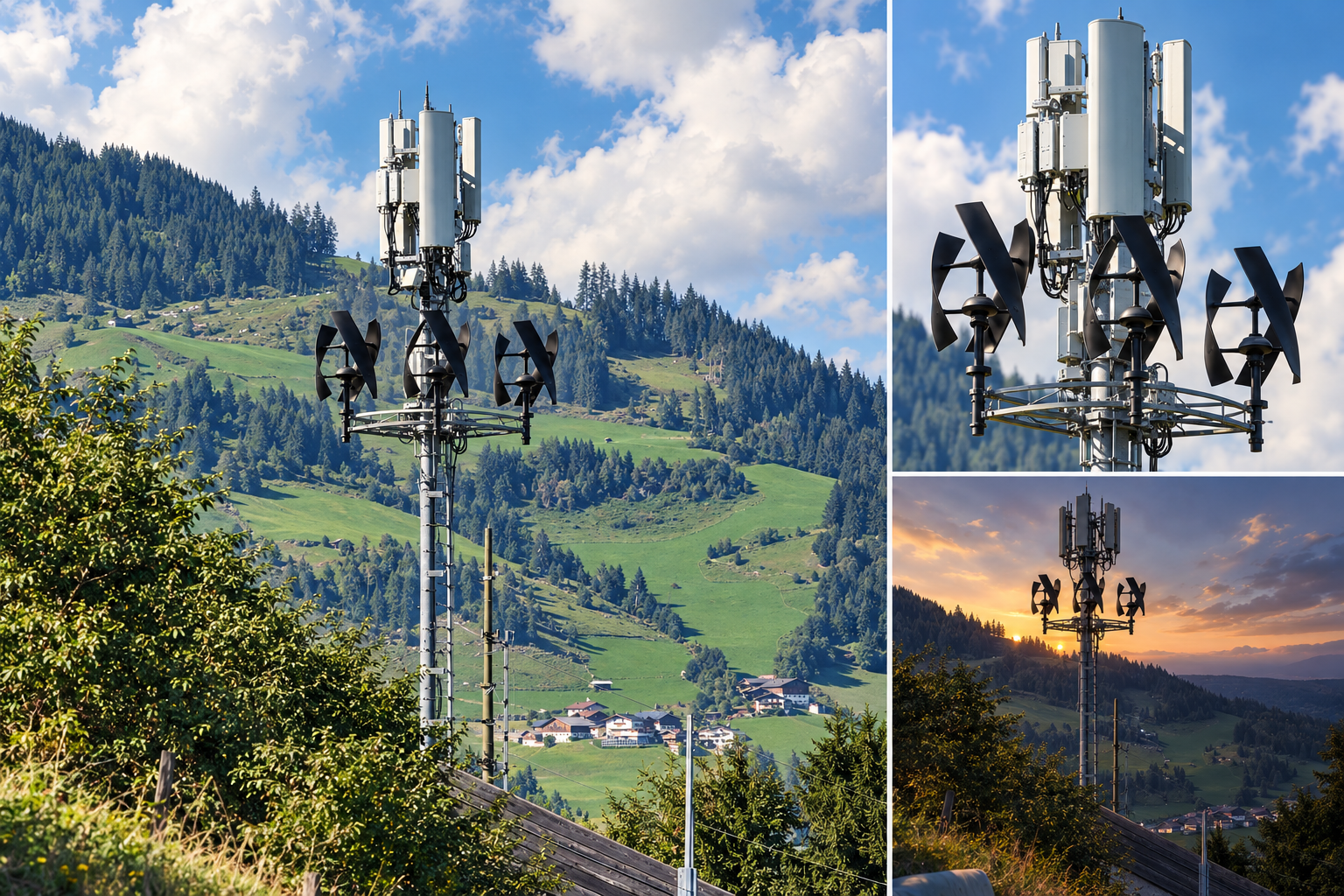 Konzeptvisualisierung eines Telekommunikationsmasts mit drei Windrosen im Alpenraum